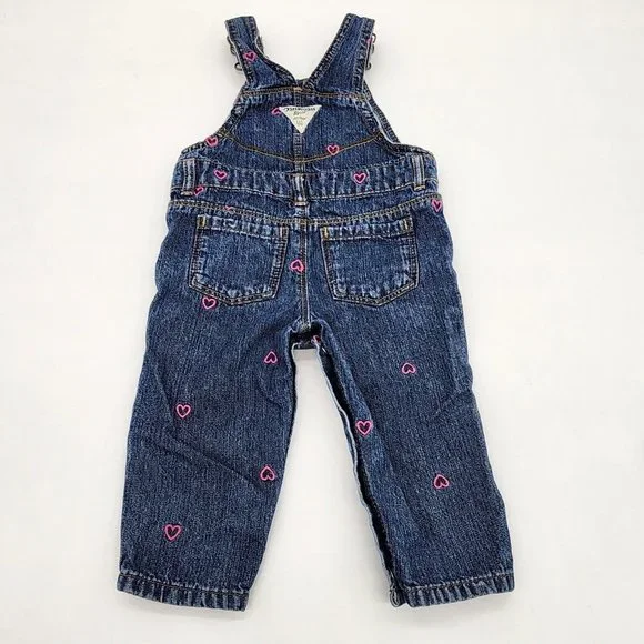 OshKosh B'Gosh Vestbak Denim Overalls with Embroidered Pink Hearts Size 9 Mo. - Picture 2 of 4